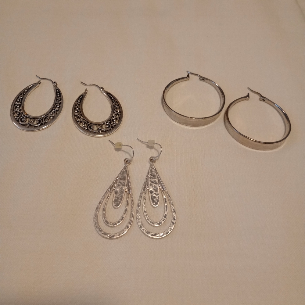 Earrings Costume Silver Tone Hoops Antiqued Hoops Bright Dangles Set of 3 EUC